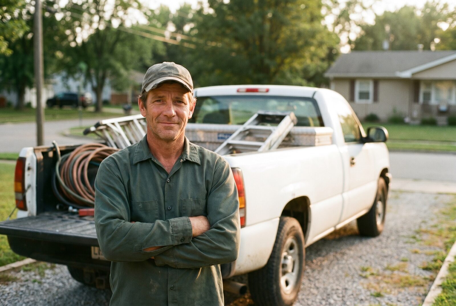 Contractor standing by his work truck
