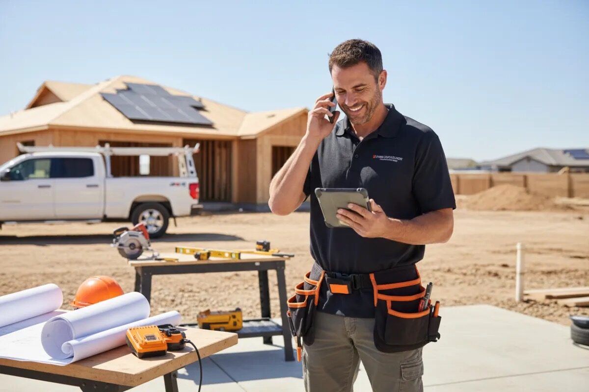 Home-services contractor taking a call on the jobsite