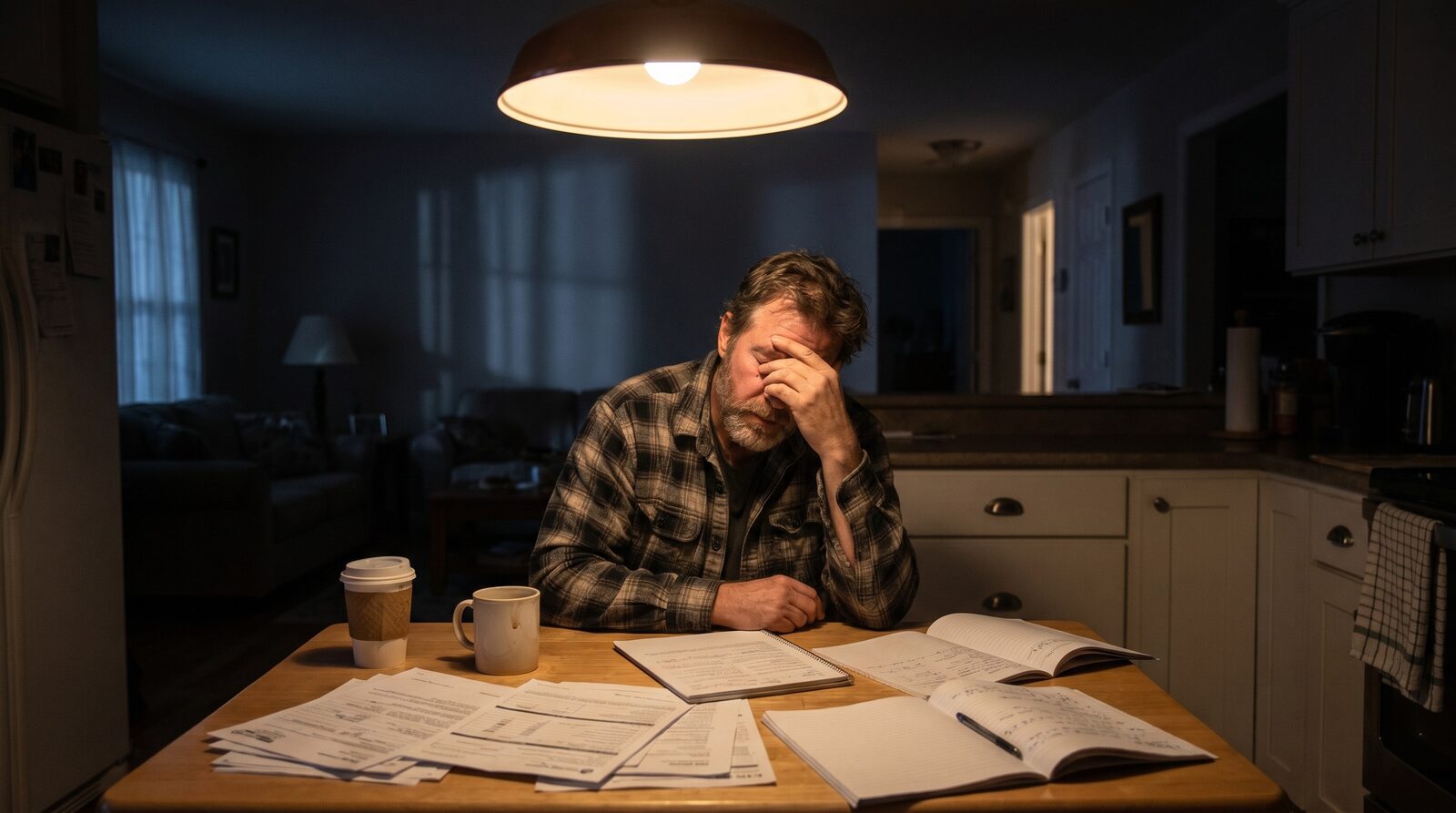 Owner at the kitchen table going over the numbers