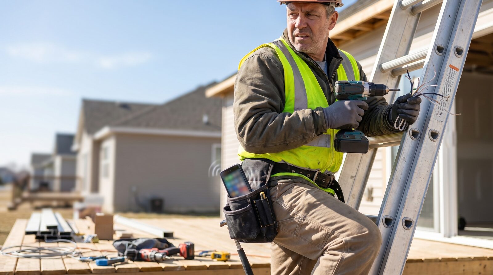 Contractor trying to answer the phone on a busy jobsite